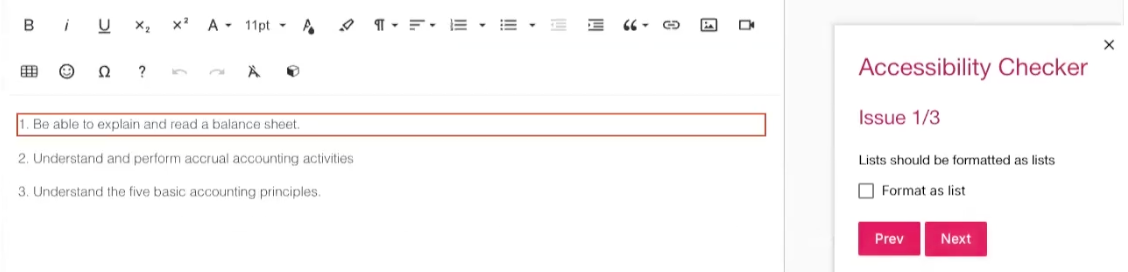 Accessibility checker unformatted list error
