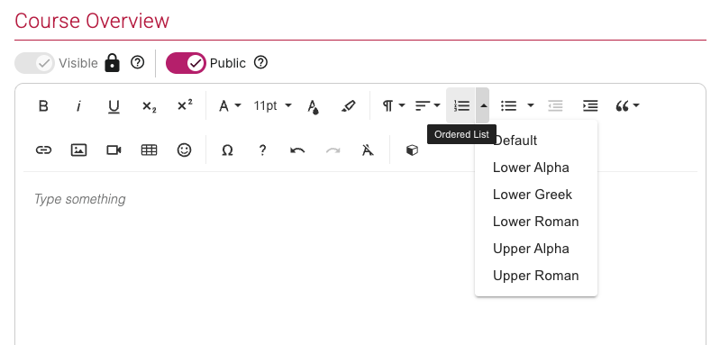 Ordered list option in rich text editor