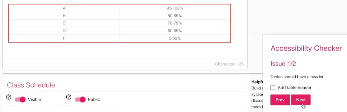Table missing header accessibility error