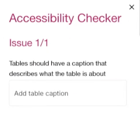 Accessibility checker error Add table caption