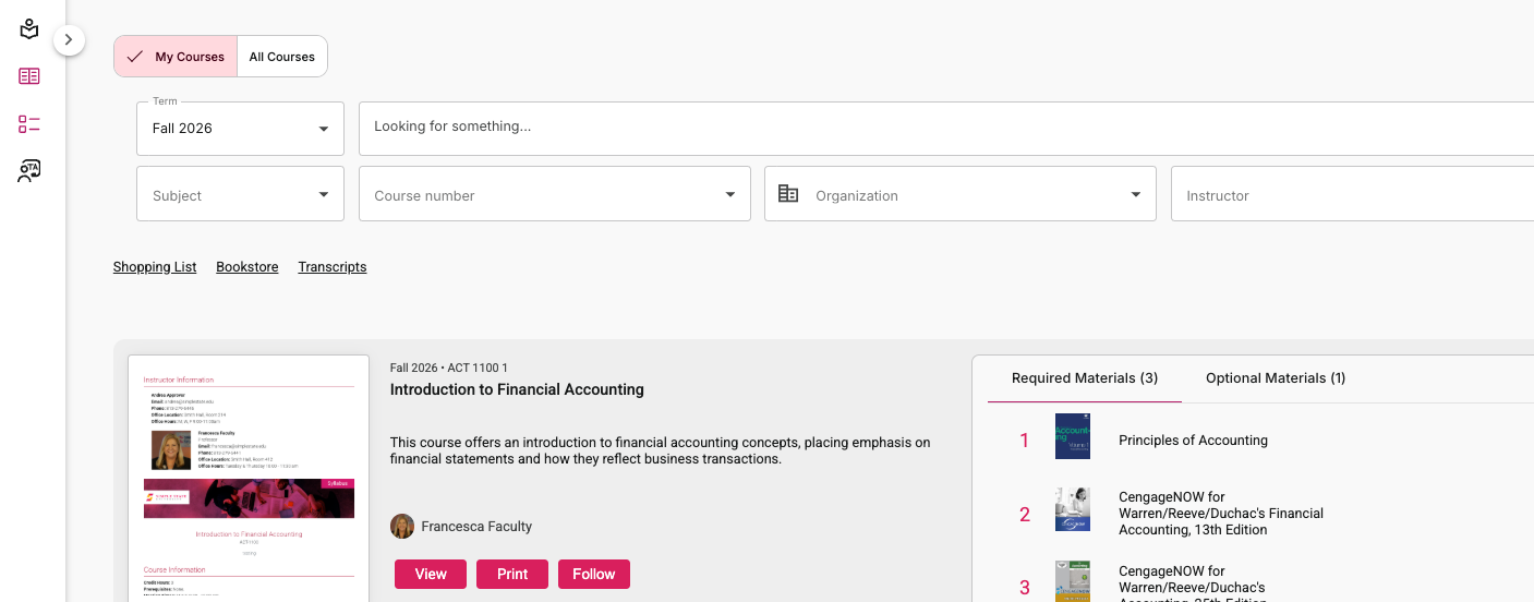 My Courses page filters